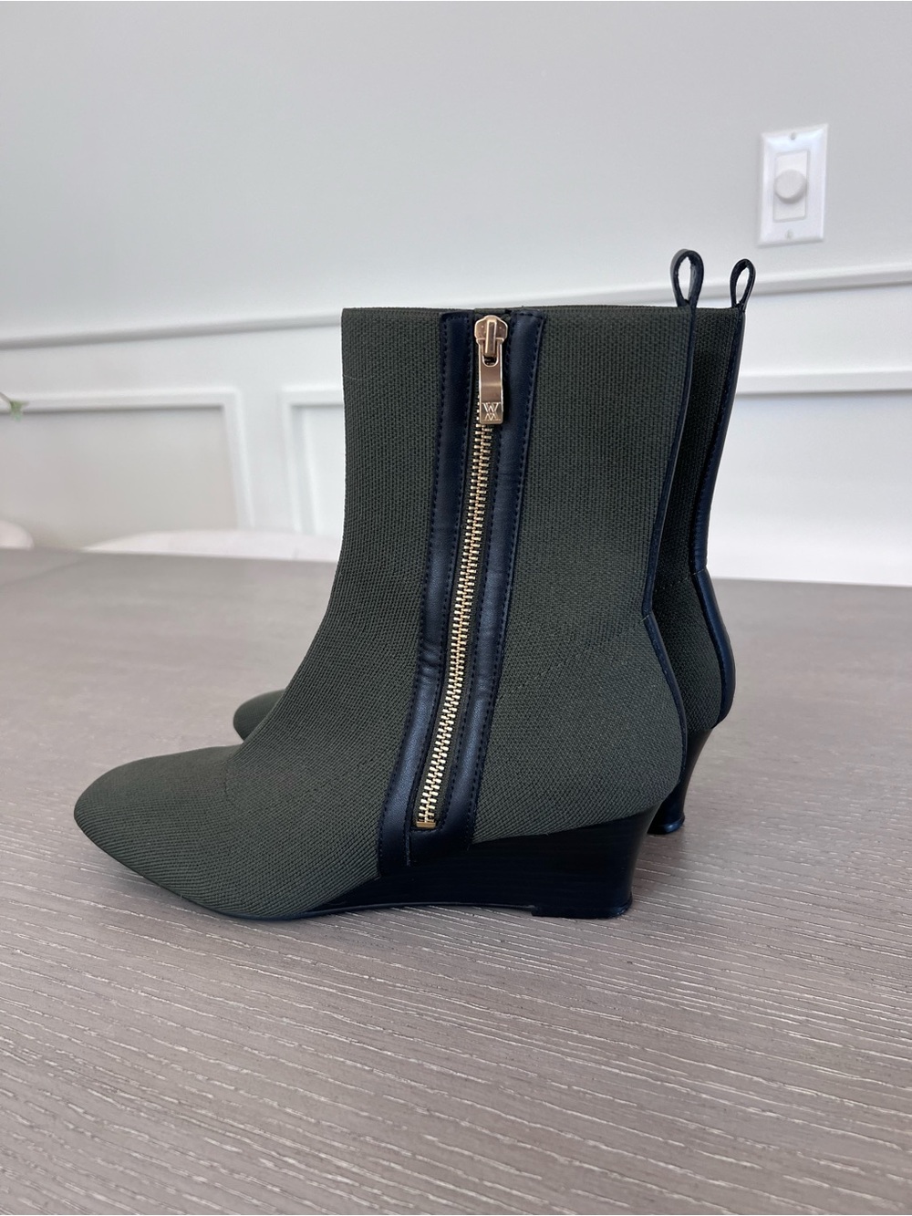 Olive Green Wedge Ankle Booties with Gold Zip